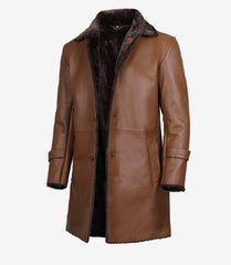 Men's Cognac Shearling Leather Overcoat – 3/4 Length with Lapel Collar