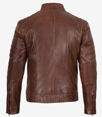Austin Men's Cognac Waxed Leather Jacket in Biker Style