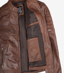 Austin Men's Cognac Waxed Leather Jacket in Biker Style