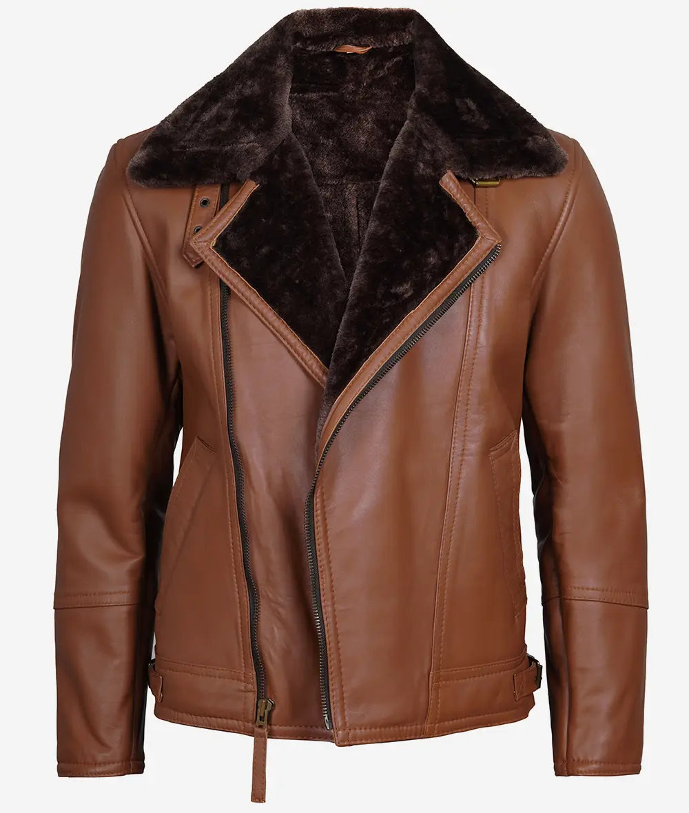 Men's Asymmetrical Cognac Leather Biker Jacket – Faux Shearling Lined