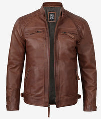 Men's Biker Leather Jacket in Cognac with Quilted Shoulders
