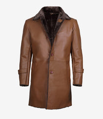 Men's Cognac Shearling Leather Overcoat – 3/4 Length with Lapel Collar