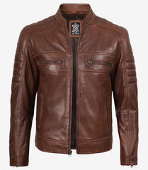 Austin Men's Cognac Waxed Leather Jacket in Biker Style