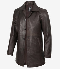 Winchester Men's Vintage-Style Distressed Brown Leather Car Coat