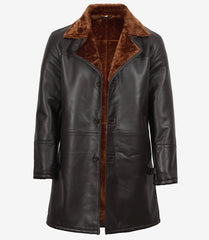 Men's Dark Brown Real Leather Shearling Coat in 3/4 Length