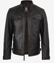 Men's Tall Distressed Brown Leather Biker Jacket with Quilted Shoulders