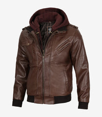 Men's Dark Brown Leather Bomber Jacket with Hood