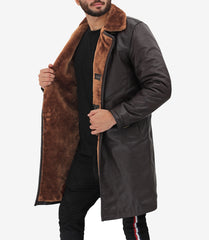 Mens Classic Brown Leather Coat with Shearling Lining and Fur Trim