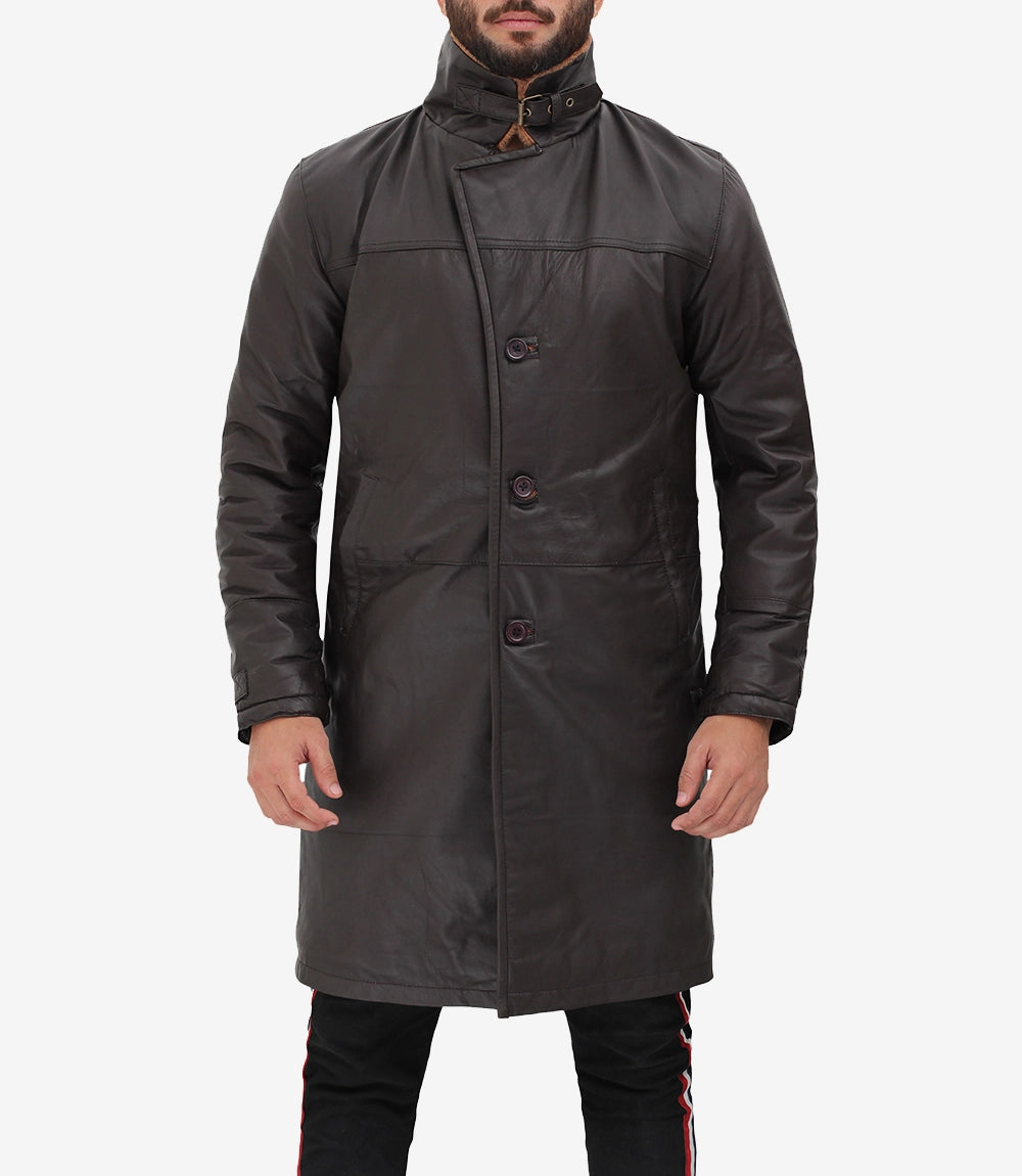 Mens Classic Brown Leather Coat with Shearling Lining and Fur Trim