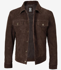 Men's Dark Brown Suede Trucker Leather Jacket