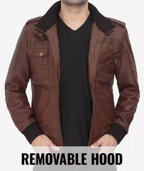 Men's Tall Dark Brown Leather Bomber Jacket with Detachable Hood