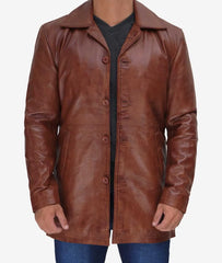 Men's Tall Cognac Waxed Leather Car Coat in 3/4 Length