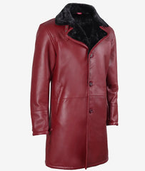 Men's Maroon Lambskin Leather Overcoat – Black Shearling Trim