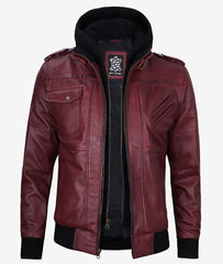 Men's Burgundy Real Leather Bomber Jacket with Detachable Hood