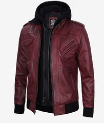 Men's Burgundy Real Leather Bomber Jacket with Detachable Hood