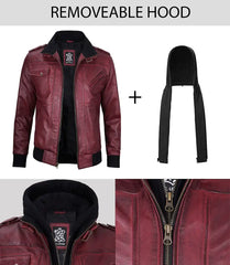 Men's Burgundy Real Leather Bomber Jacket with Detachable Hood