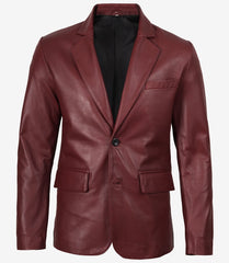 Men's Maroon Leather Blazer with Notch Lapel and Two Buttons