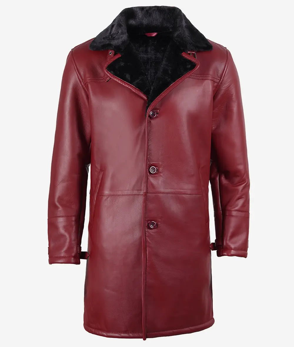 Men's Maroon Lambskin Leather Overcoat – Black Shearling Trim