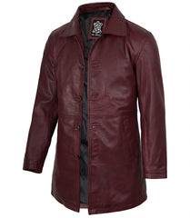 Men's Burgundy Real Leather Coat in 3/4 Length