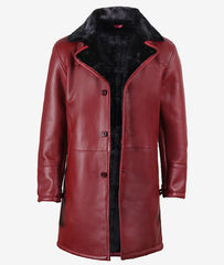 Men's Maroon Lambskin Leather Overcoat – Black Shearling Trim