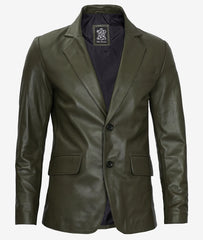 Men's Olive Green Real Leather Blazer with Two Button Closure