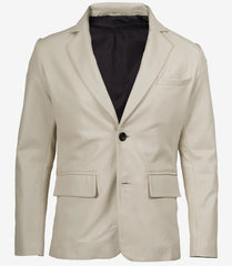 Men's Off White Real Leather Blazer with Two Buttons and Notch Lapel