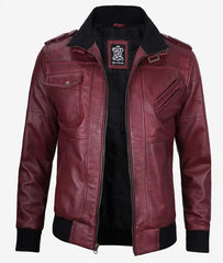 Men's Burgundy Real Leather Bomber Jacket with Detachable Hood