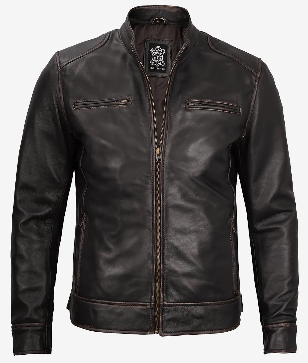 Men's Distressed Brown Cafe Racer Leather Jacket