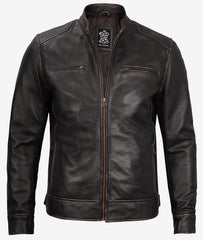 Men's Distressed Brown Cafe Racer Leather Jacket