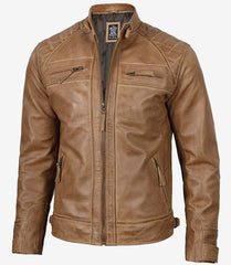 Men's Tall Camel Brown Quilted Leather Jacket - Biker Style