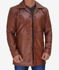 Men's Tall Cognac Waxed Leather Car Coat in 3/4 Length