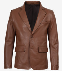 Men's Cognac Leather Blazer with Two-Button Closure & Notch Lapel