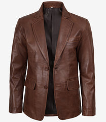 Men's Cognac Waxed Leather Blazer with Two Buttons and Notch Lapel