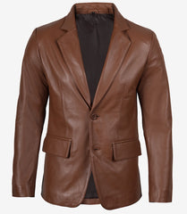 Men's Cognac Real Leather Blazer with Two Buttons & Notch Lapel