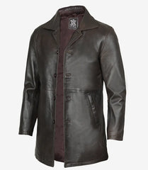 Men's Tall Dark Brown Leather Coat in Vintage 3/4 Length