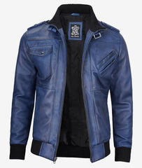 Men's Blue Waxed Bomber Jacket with Removable Hood