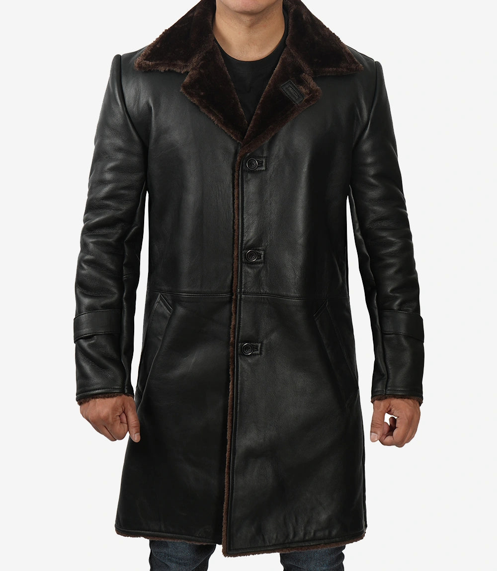 Mens Black Leather 3/4 Length Shearling Coat for Winter Essential