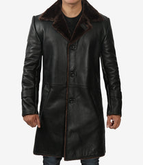 Mens Black Leather 3/4 Length Shearling Coat for Winter Essential