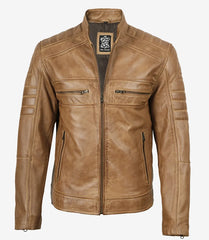 Men's Camel Brown Real Leather Jacket in Biker Style