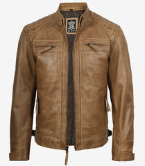 Men's Camel Brown Real Leather Biker Jacket with Quilted Shoulders