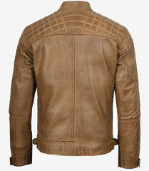 Men's Camel Brown Real Leather Biker Jacket with Quilted Shoulders