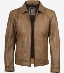Men's Yellow Waxed Harrington Leather Jacket with Shirt Collar