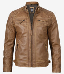 Men's Tall Camel Brown Quilted Leather Jacket - Biker Style