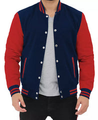 Men's Red & Navy Blue Varsity Baseball-Style Bomber Jacket