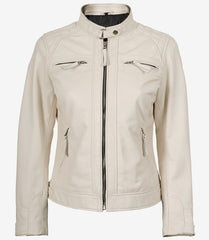 Women's Off White Quilted Real Leather Biker Jacket