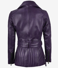 Women's Purple Real Leather Jacket Belted Biker Style