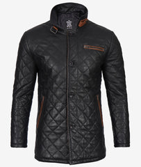 Men's Black Leather Car Coat with Diamond Quilting and Brown Detailing