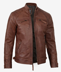 Men's Biker Leather Jacket in Cognac with Quilted Shoulders
