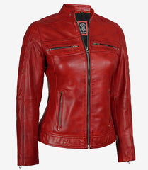 Women Cut Firefly Red Classic Racer Leather Jacket
