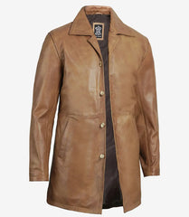 Men's Tall Camel Brown Leather Coat in 3/4 Length